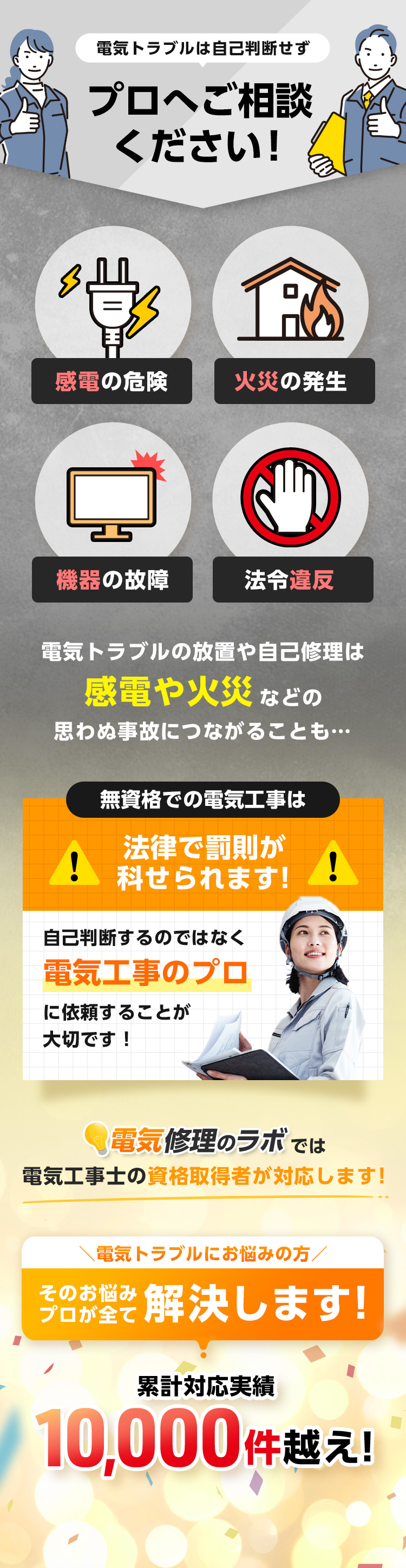 電気トラブルは自己判断せずプロへご相談ください！電気トラブルの放置や事故修理は感電や火災などの思わぬ事故につながることも…無資格での電気工事は法律で罰則が科せられます！プロに依頼することが大切です。累計対応実績1万件越え！